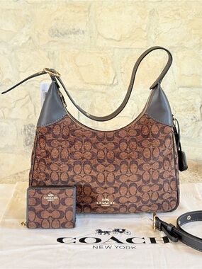 Coach Brown Signature Canvas Shoulder Bag with Matching Wallet